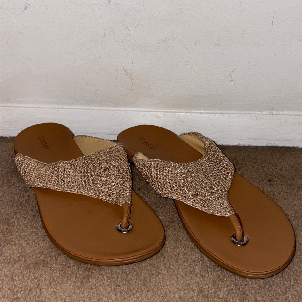 Tan Woven Thong Sandals